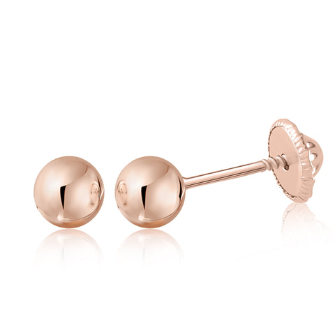 14k Solid Gold Ball Earrings with Flat Covered Back Screwback Shiny Sphere Earring Studs 3mm 4mm 5mm