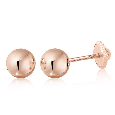 14k Solid Gold Ball Earrings with Flat Covered Back Screwback Shiny Sphere Earring Studs 3mm 4mm 5mm