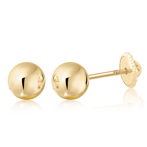 14k Solid Gold Ball Earrings with Flat Covered Back Screwback Shiny Sphere Earring Studs 3mm 4mm 5mm