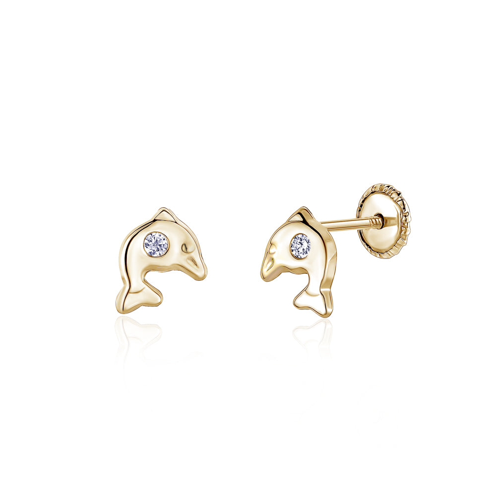 Massete Childrens 14K Gold Screwback Earrings Stud Dolphin