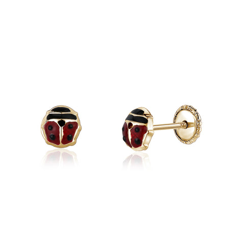 Massete Childrens 14K Gold Screwback Earrings Stud Enameled Ladybug Red