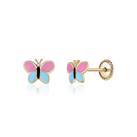 Massete Childrens 14K Gold Screwback Earrings Stud Enameled Butterfly Pink and Blue
